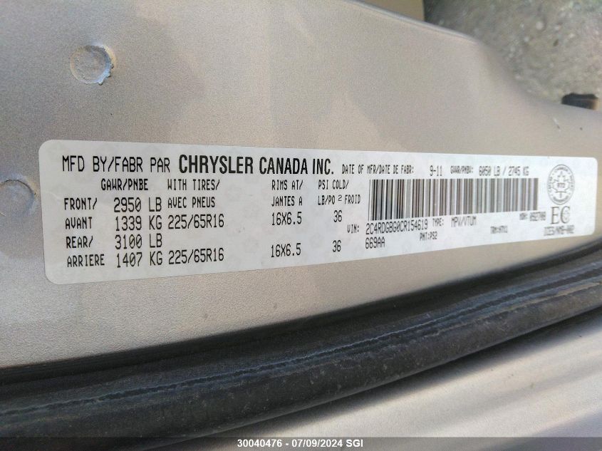 2012 Dodge Grand Caravan Se VIN: 2C4RDGBG0CR154619 Lot: 30040476