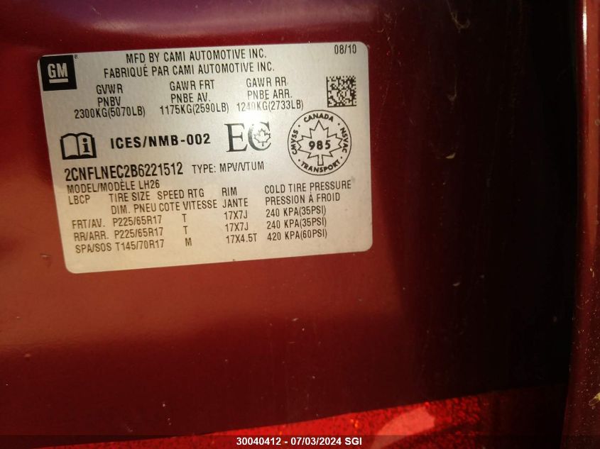 2011 Chevrolet Equinox Lt VIN: 2CNFLNEC2B6221512 Lot: 30040412