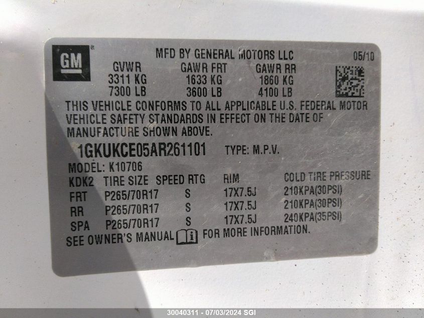 2010 GMC Yukon Slt VIN: 1GKUKCE05AR261101 Lot: 30040311