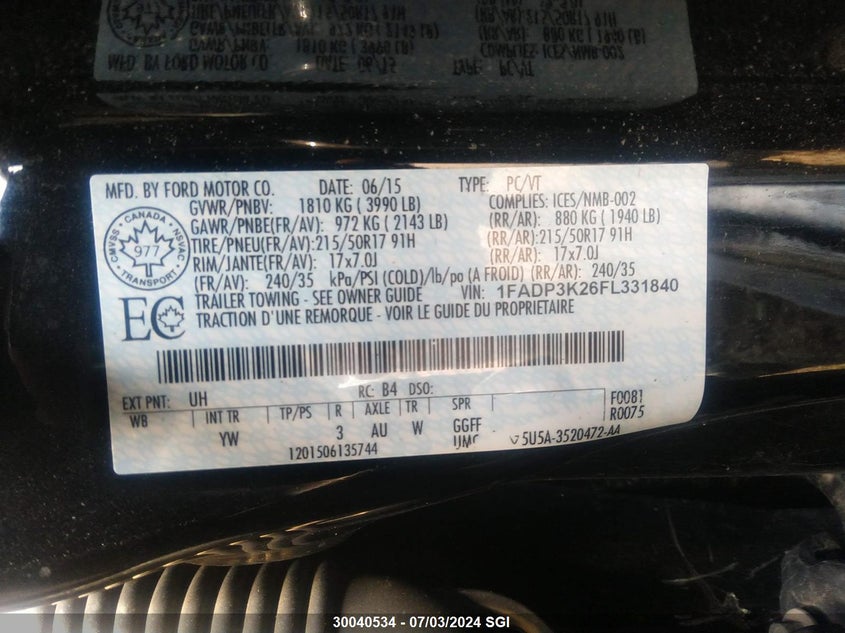 2015 Ford Focus Se VIN: 1FADP3K26FL331840 Lot: 30040534