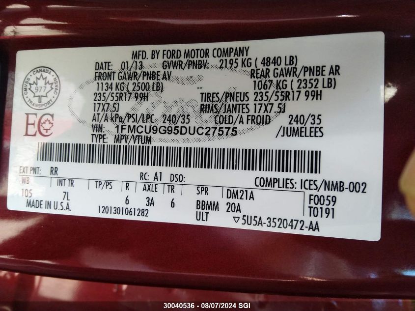 2013 Ford Escape Se VIN: 1FMCU9G95DUC27575 Lot: 30040536