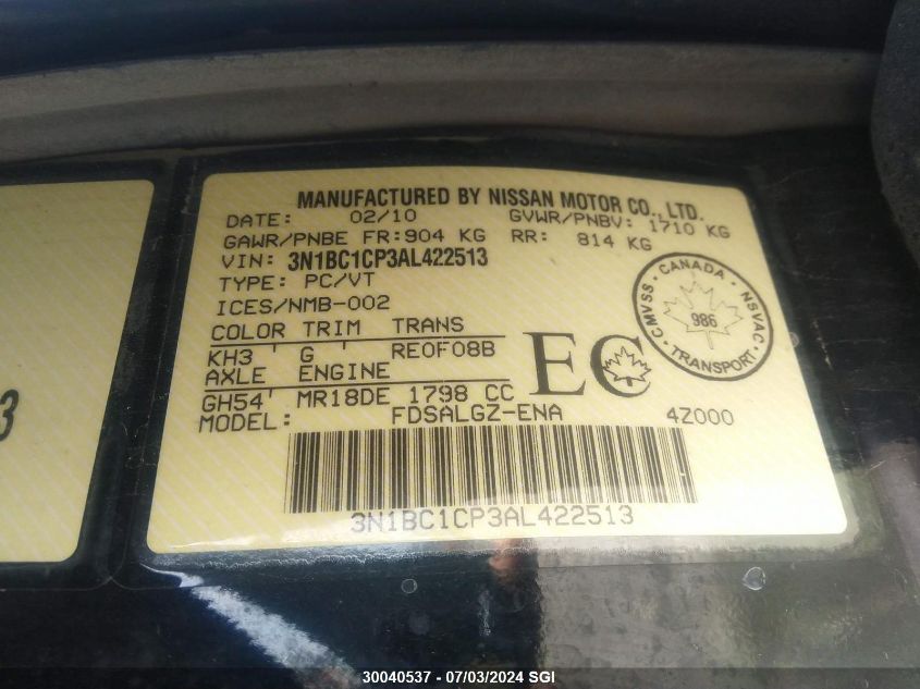 2010 Nissan Versa S/Sl VIN: 3N1BC1CP3AL422513 Lot: 30040537