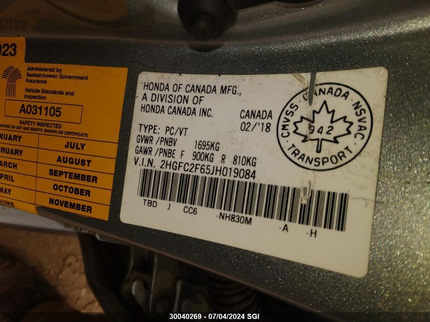 2018 Honda Civic Lx VIN: 2HGFC2F65JH019084 Lot: 30040269