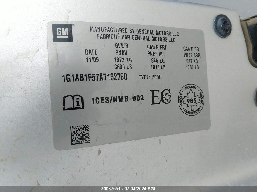 2010 Chevrolet Cobalt Ls VIN: 1G1AB1F57A7132780 Lot: 30037551