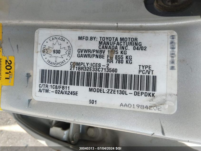 2003 Toyota Corolla Ce/Le/S VIN: 2T1BR32E33C713560 Lot: 30040313