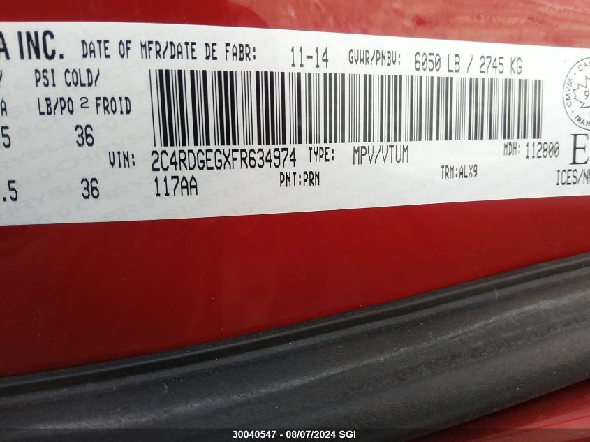 2015 Dodge Grand Caravan R/T VIN: 2C4RDGEGXFR634974 Lot: 30040547