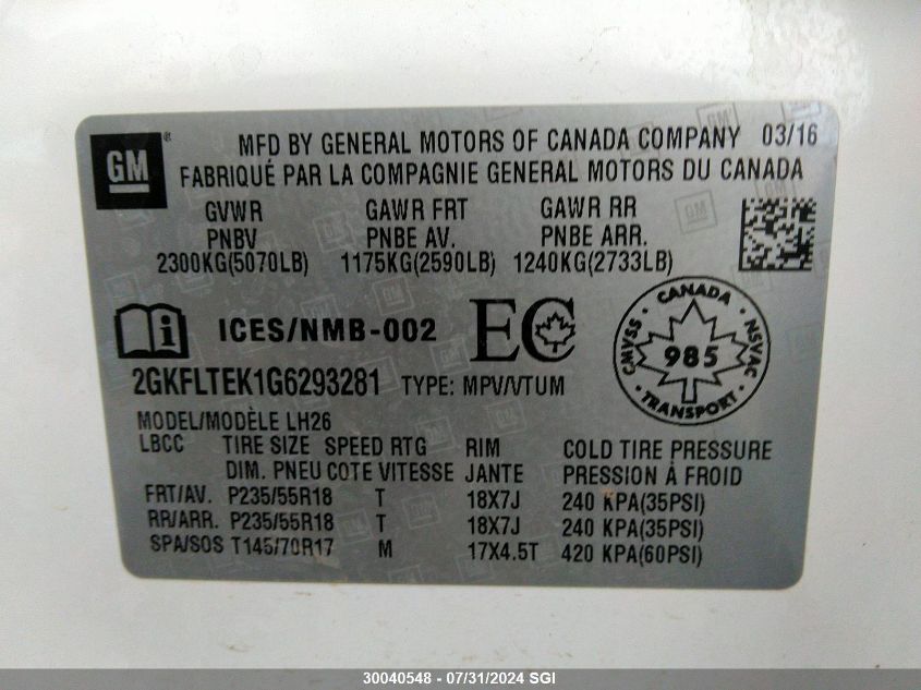 2016 GMC Terrain Sle VIN: 2GKFLTEK1G6293281 Lot: 30040548