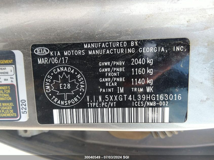 2017 Kia Optima Lx VIN: 5XXGT4L39HG163016 Lot: 30040549