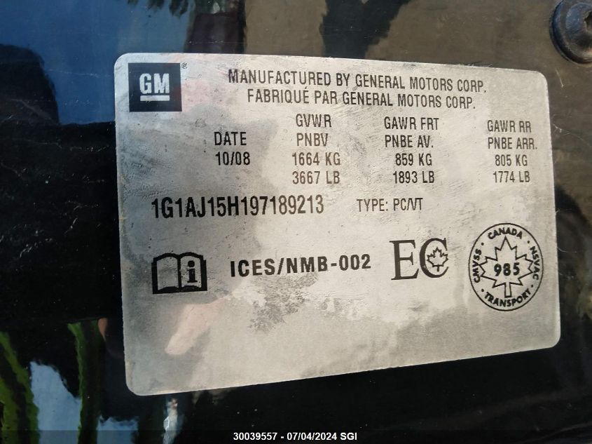 2009 Chevrolet Cobalt VIN: 1G1AJ15H197189213 Lot: 30039557