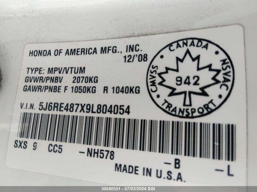 2009 Honda Cr-V Exl VIN: 5J6RE487X9L804054 Lot: 30040551