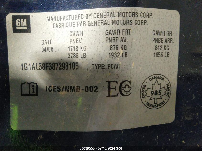 2008 Chevrolet Cobalt Lt VIN: 1G1AL58F387298105 Lot: 30039550