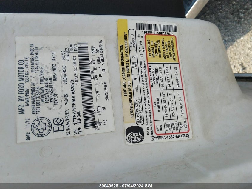 2013 Ford F150 Supercrew VIN: 1FTFW1EF5DFA82578 Lot: 30040528