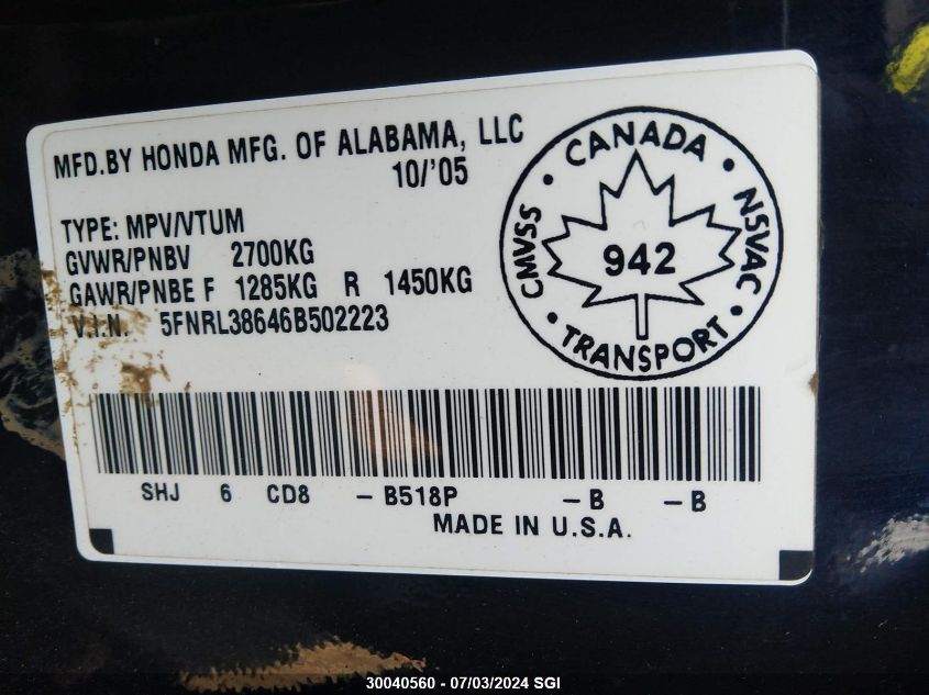 2006 Honda Odyssey Exl VIN: 5FNRL38646B502223 Lot: 30040560
