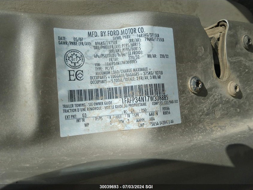 2007 Ford Focus Zx4/S/Se/Ses VIN: 1FAFP34N17W308885 Lot: 30039693