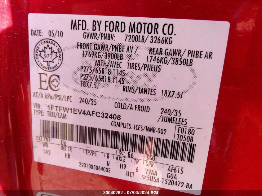 2010 Ford F150 Supercrew VIN: 1FTFW1EV4AFC32408 Lot: 30040262