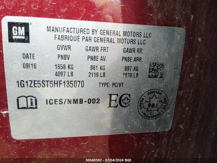 2017 Chevrolet Malibu Lt VIN: 1G1ZE5ST5HF135070 Lot: 30040592