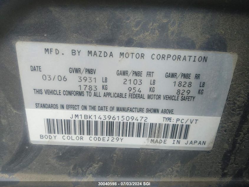2006 Mazda 3 Hatchback VIN: JM1BK143961509472 Lot: 30040598