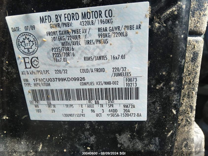 2009 Ford Escape Xlt VIN: 1FMCU03799KD09926 Lot: 30040600