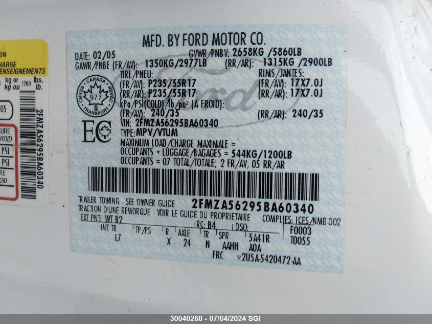 2005 Ford Freestar Sel VIN: 2FMZA56295BA60340 Lot: 30040260