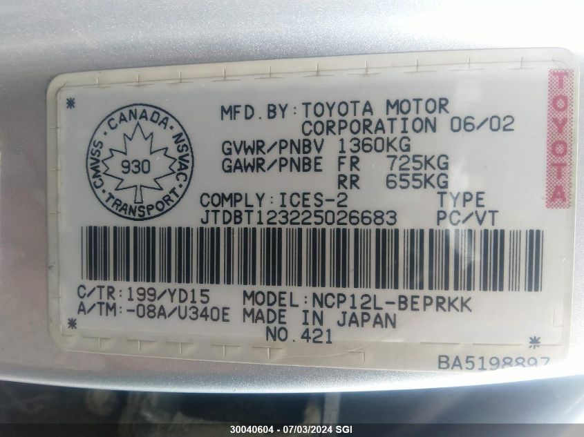 2002 Toyota Echo VIN: JTDBT123225026683 Lot: 30040604