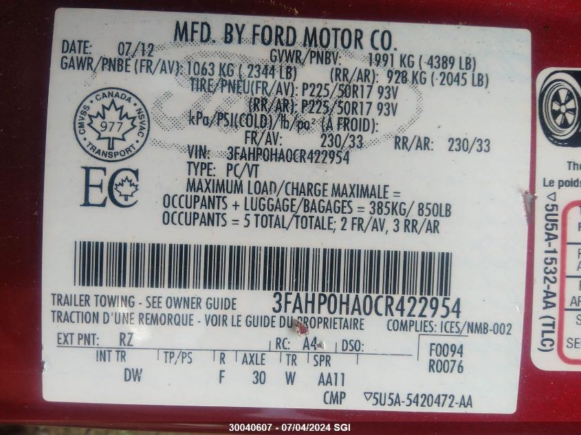 2012 Ford Fusion Se VIN: 3FAHP0HA0CR422954 Lot: 30040607