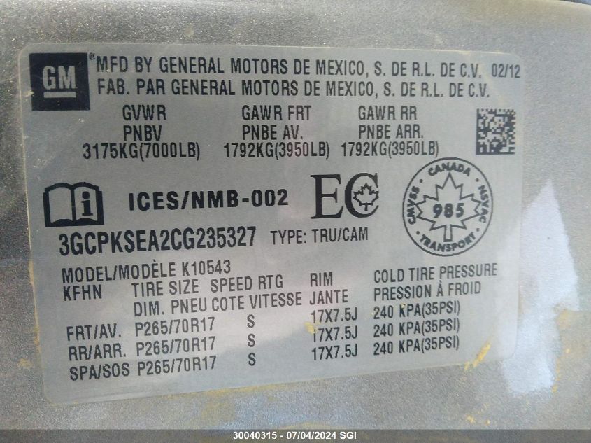 2012 Chevrolet Silverado K1500 Lt VIN: 3GCPKSEA2CG235327 Lot: 30040315