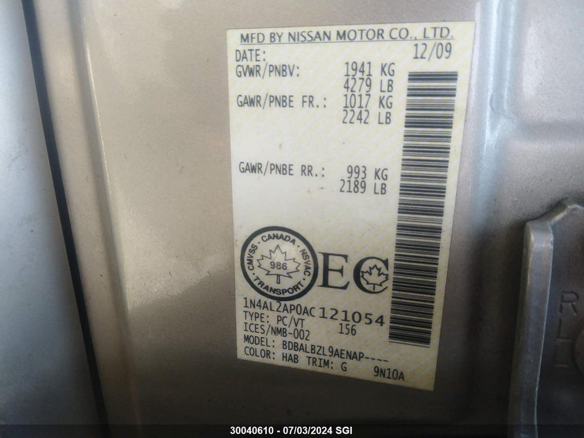 2010 Nissan Altima S VIN: 1N4AL2AP0AC121054 Lot: 30040610