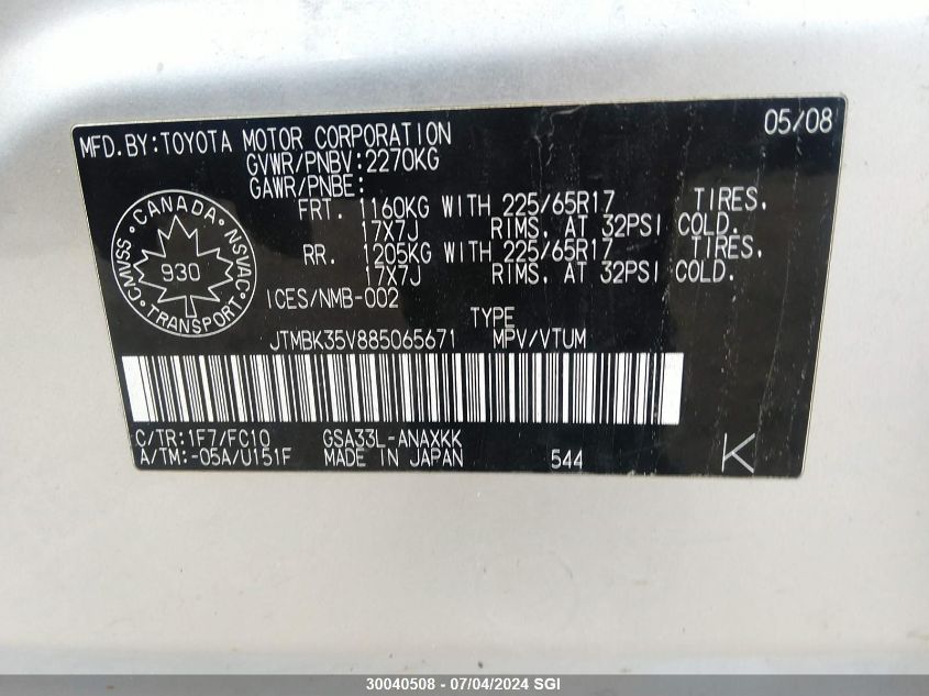 2008 Toyota Rav4 VIN: JTMBK35V885065671 Lot: 30040508
