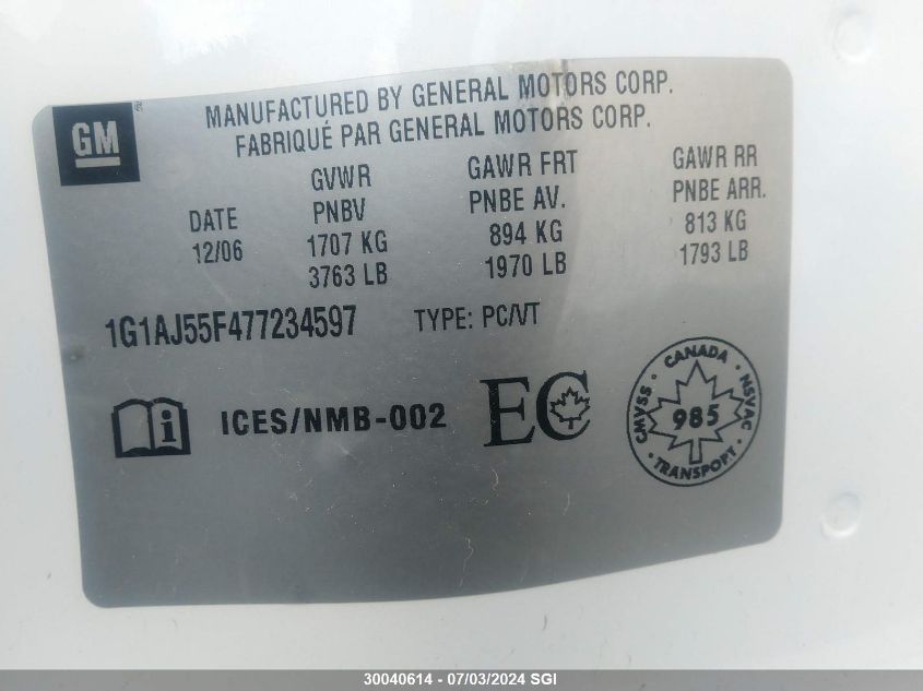 2007 Chevrolet Cobalt Ls VIN: 1G1AJ55F477234597 Lot: 30040614