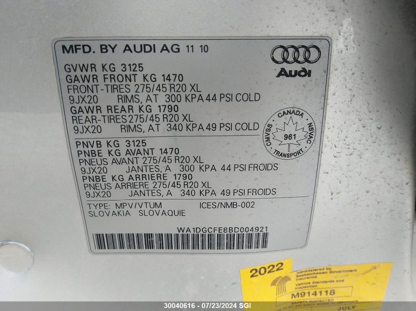 2011 Audi Q7 Prestige VIN: WA1DGCFE8BD004921 Lot: 30040616