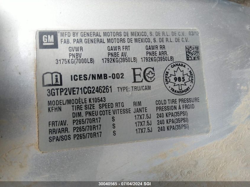 2012 GMC Sierra K1500 Sle VIN: 3GTP2VE71CG246261 Lot: 30040565