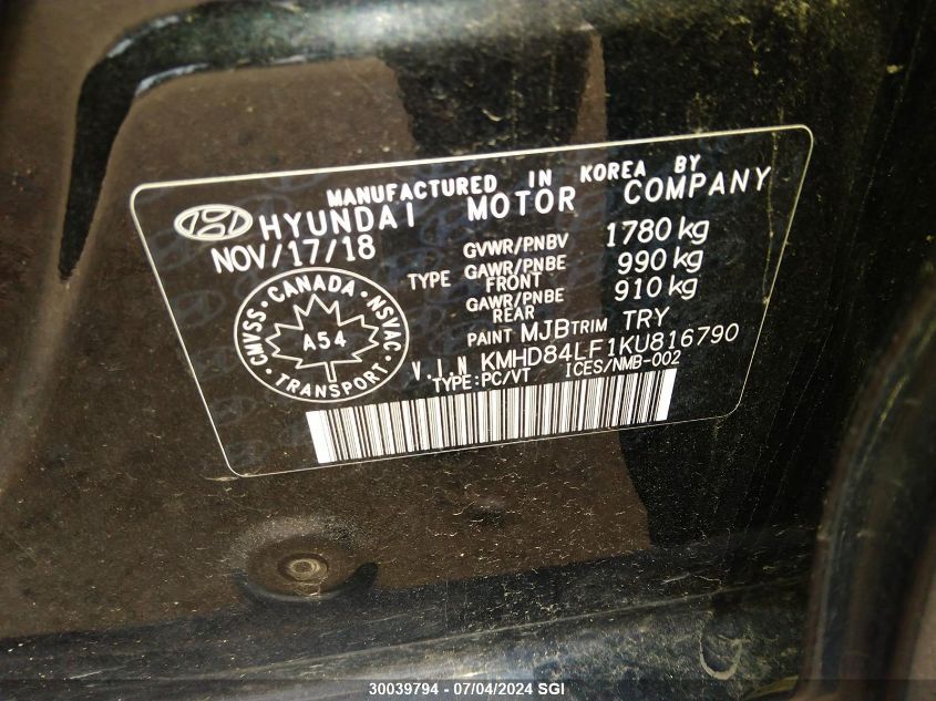 2019 Hyundai Elantra Sel/Value/Limited VIN: KMHD84LF1KU816790 Lot: 30039794