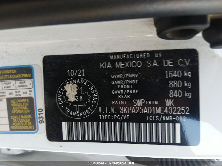 2021 Kia Rio S VIN: 3KPA25AD1ME432252 Lot: 30040244