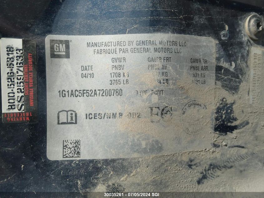 2010 Chevrolet Cobalt 1Lt VIN: 1G1AC5F52A7200780 Lot: 30035261