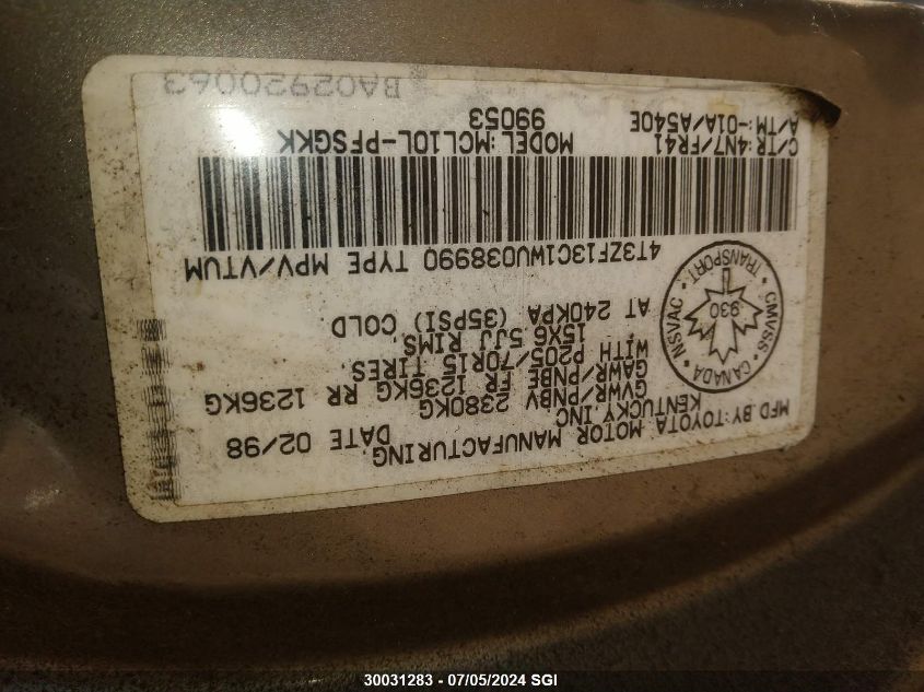 1998 Toyota Sienna Le/Xle VIN: 4T3ZF13C1WU038990 Lot: 30031283