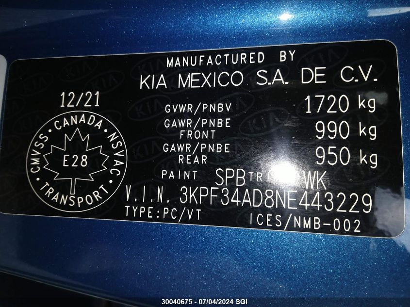 2022 Kia Forte Gt Line VIN: 3KPF34AD8NE443229 Lot: 30040675