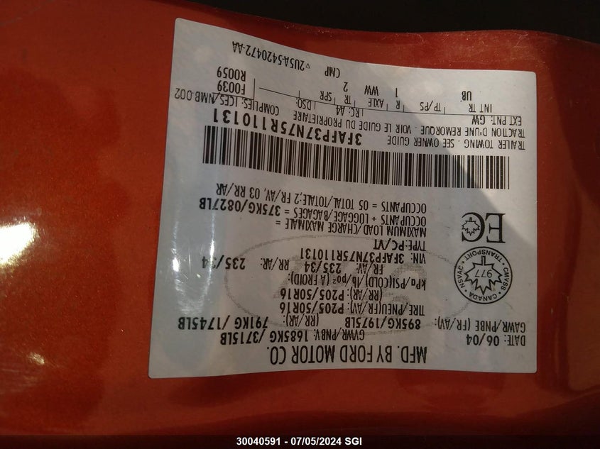 2005 Ford Focus Zx5 VIN: 3FAFP37N75R110131 Lot: 30040591