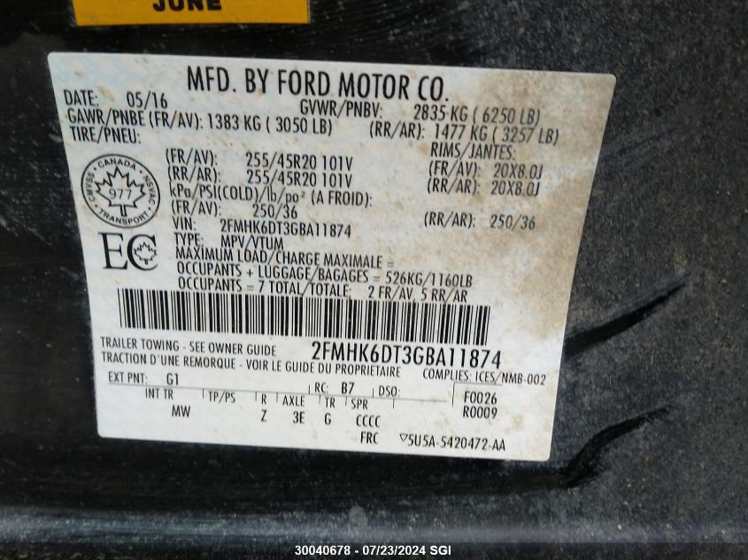 2016 Ford Flex Limited VIN: 2FMHK6DT3GBA11874 Lot: 30040678