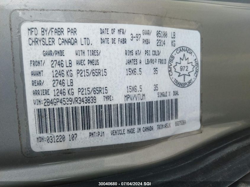 1997 Dodge Caravan Se VIN: 2B4GP4539VR343839 Lot: 30040680