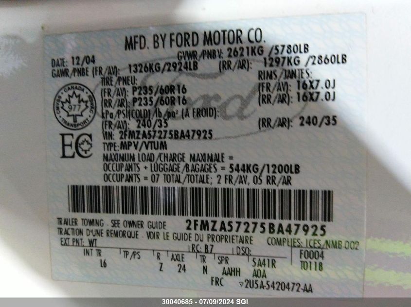 2005 Ford Freestar Ses VIN: 2FMZA57275BA47925 Lot: 30040685