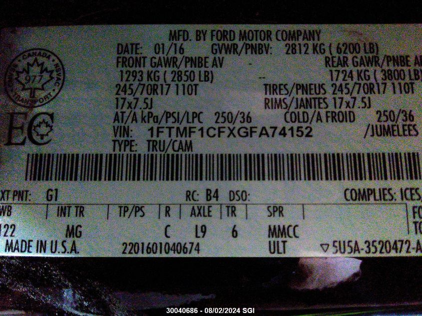 2016 Ford F150 VIN: 1FTMF1CFXGFA74152 Lot: 30040686