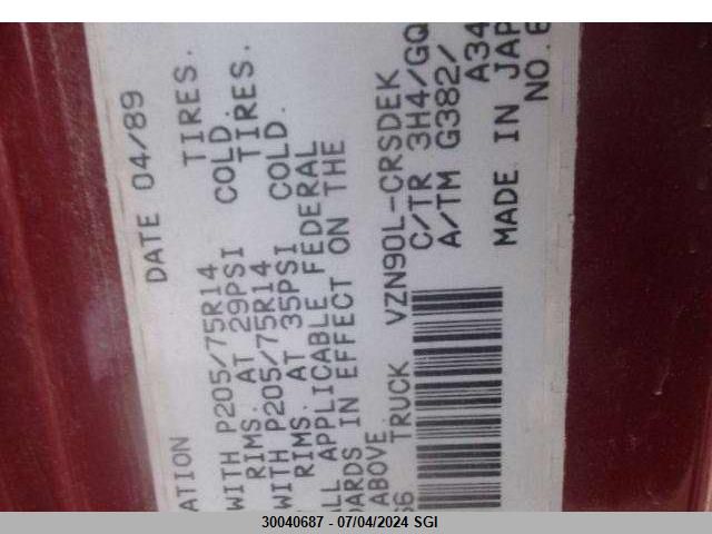 1989 Toyota Pickup 1/2 Ton Ex Lng Whlbse Dlx VIN: JT4VN93D9K5003866 Lot: 30040687