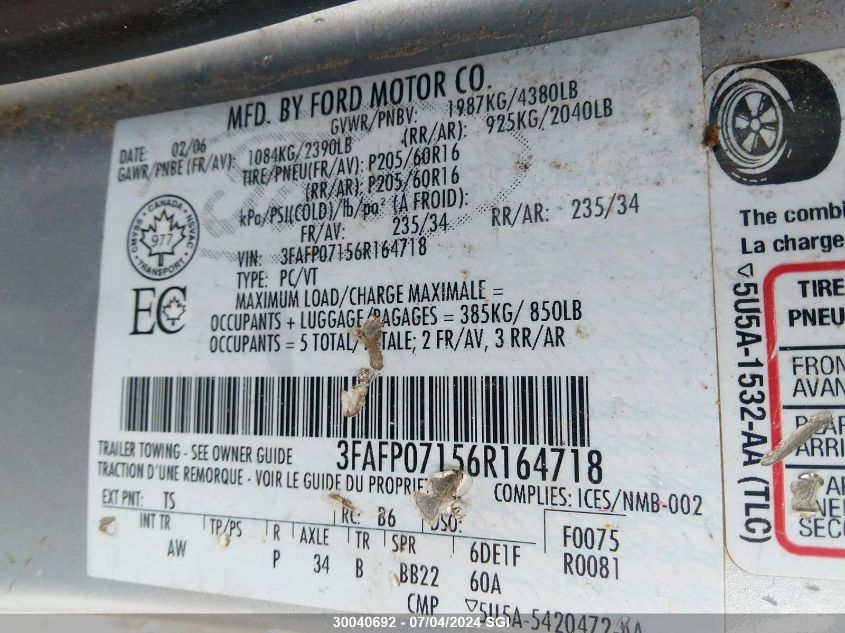 2006 Ford Fusion Se VIN: 3FAFP07156R164718 Lot: 30040692