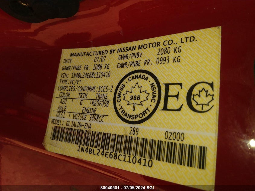 2008 Nissan Altima 3.5Se VIN: 1N4BL24E68C110410 Lot: 30040501