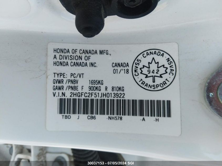 2018 Honda Civic Sedan VIN: 2HGFC2F51JH013922 Lot: 30037153