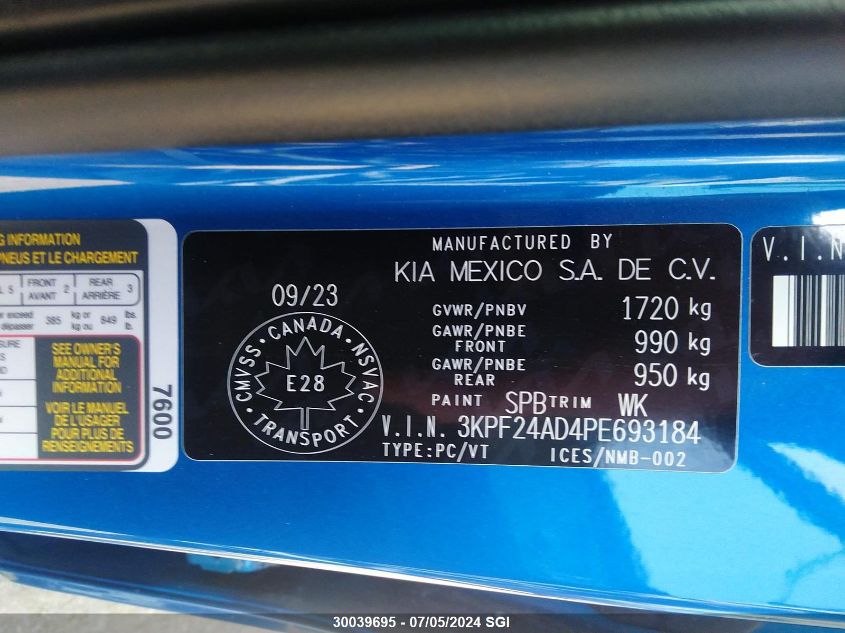 2023 Kia Forte Lx/Lxs VIN: 3KPF24AD4PE693184 Lot: 30039695