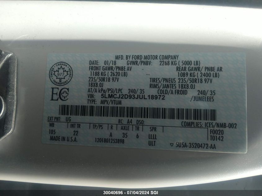 2018 Lincoln Mkc Select VIN: 5LMCJ2D93JUL18972 Lot: 30040696