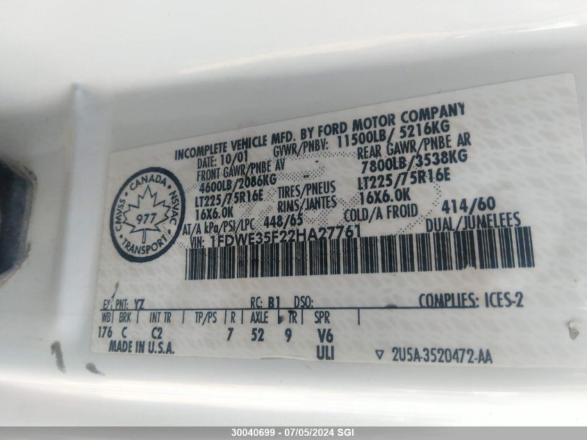 2002 Ford Econoline E350 Super Duty Ctway Van VIN: 1FDWE35F22HA27761 Lot: 30040699