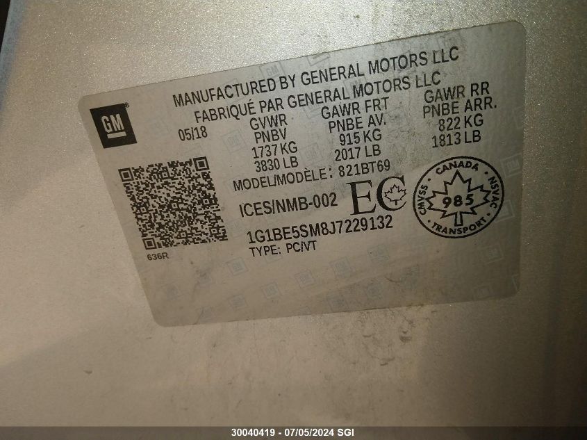2018 Chevrolet Cruze Lt VIN: 1G1BE5SM8J7229132 Lot: 30040419
