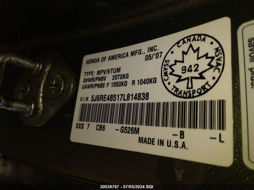 2007 Honda Cr-V Ex VIN: 5J6RE48517L814838 Lot: 30039797